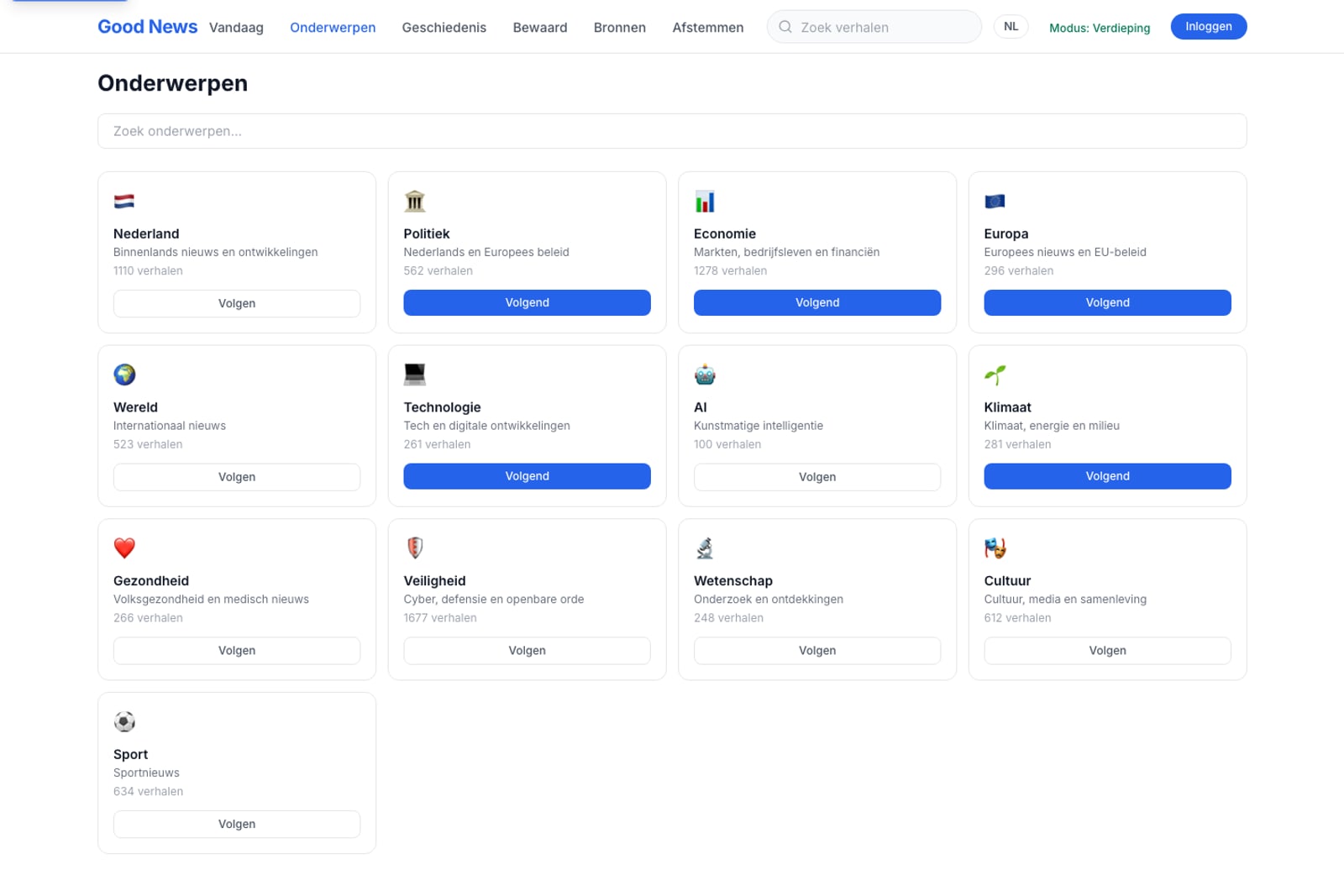 Following topics: a grid of subjects you can follow or skip.